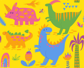 Vector seamless pattern design with cute dinosaur characters