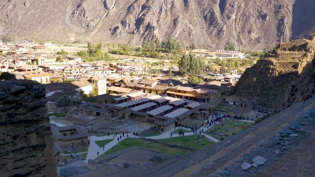 View to Urubamba Valley and Terraces of Pumatallis at the Inca Fortress in Ollantaytambo, Peru.