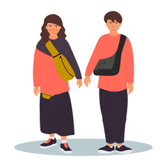 Young couple over isolated background. Happy man and woman together. Vector illustration on white background in cartoon style