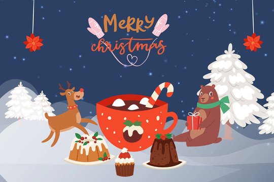 Christmas Party in the winter forest with cartoon reindeer, bear in scarf and christmas cakes, sweets and mug of hot chocolate. Winter fairy tale party in snowy forest.