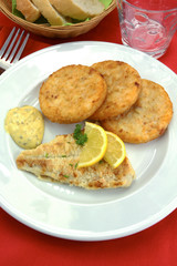 Fototapeta na wymiar breaded fish and potato rosti