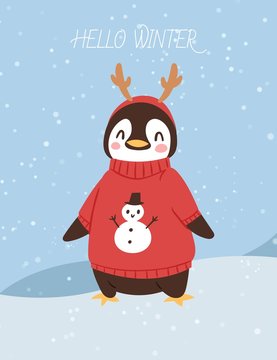 Cute christmas penguin cartoon vector illustration. Penguin in knitted sweater with snowman and horns. Postcard for the New year and Christmas. Hello winter.