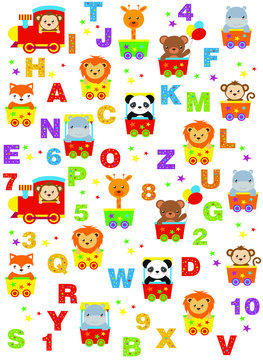 kids alphabet print with cartoon colored animals and stars on a white background