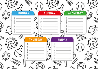 School timetable template on the monochrome repeatable background. Vector everyday planner for children with school supplies. A4 scaled standard size