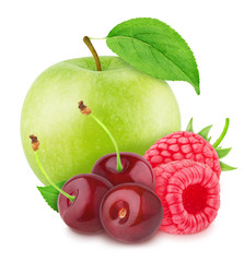 Colourful composition with apple and garden berries - raspberry and cherry, isolated on a white background with clipping path.