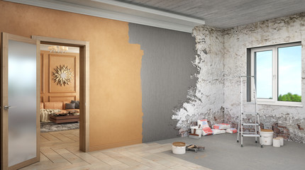 One room is  already renovated and the second room is in process of renovation, 3d illustration