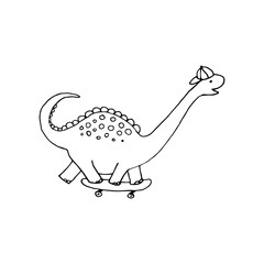 Vector illustration with cute funny cartoon dinosaur drawn outline. Hand drawn doodle for kids coloring book or design. Dino rides skate board
