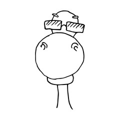 Vector illustration with cute funny cartoon dinosaur drawn outline. Hand drawn doodle for kids coloring book or design. Dino's head in glasses