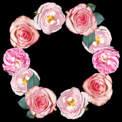 Beautiful floral circle of wild rose and roses. Isolated