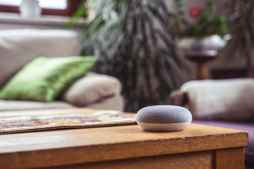 voice controlled smart speaker in a interior home environment. Smart AI speaker concept