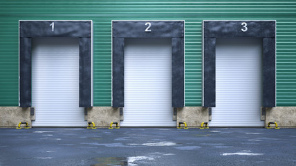 Hangar exterior with rolling gates. 3d illustration