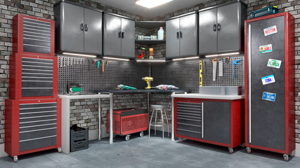 Garage interior with stend of tools. 3d illustration