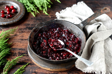 Cranberry sauce in a pan, christmas, rustic
