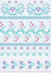 Fototapeta na wymiar Tradition mughal motif, fantasy flowers in retro, vintage style. Seamless pattern, background. Vector illustration. On blue stripes background..