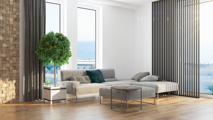 Modern design living room interior with beautiful view . 3D rendering