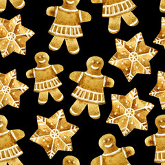 Watercolor bright pattern with Christmas cookies. Hand-drawn illustration on the black background