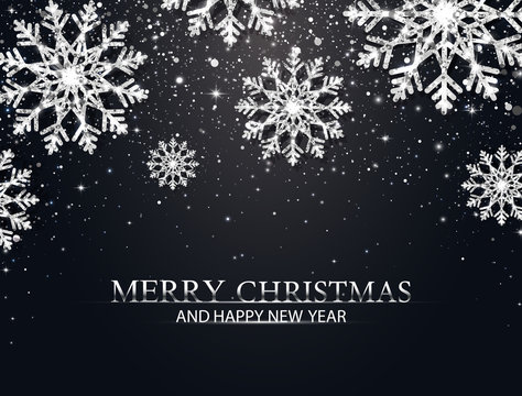 Christmas background with silver glitter snowflakes, falling particles, stars. Merry Christmas and Happy New Year banner. Luxury festive greeting card. Sparkling silver snowflake. Vector Illustration