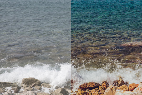 Photo before and after the image editing process. Sea rocks