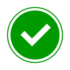 Round green check mark icon, button, tick symbol on white background