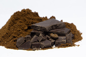 dark dark chocolate and coffee on a white background