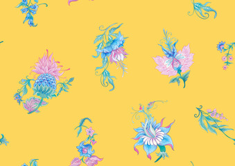 Fantasy flowers in retro, vintage, jacobean embroidery style. Seamless pattern, background. Colored vector illustration. On aspen gold yellow background..