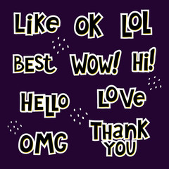 Hand drawing lettering. set of social media quotes with decoration elements on a neutral background. Vector flat style illustration.