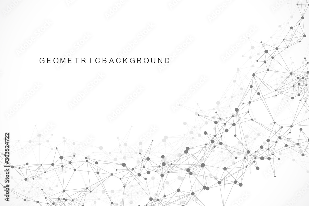 Aufkleber Geometric abstract background with connected line and dots. Network and connection background for your presentation. Graphic polygonal background. Wave flow. Scientific vector illustration.