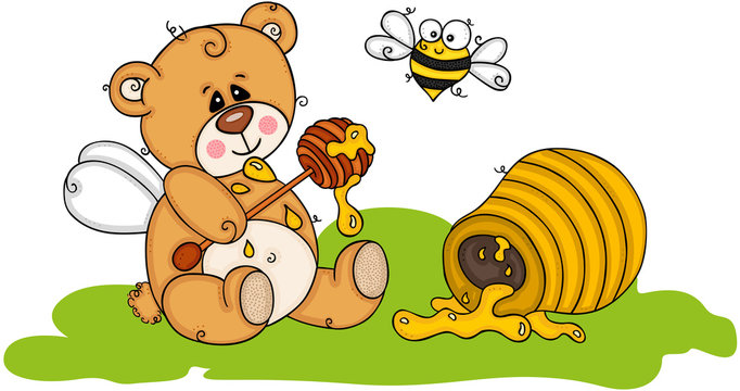 Greedy teddy bear eating honey