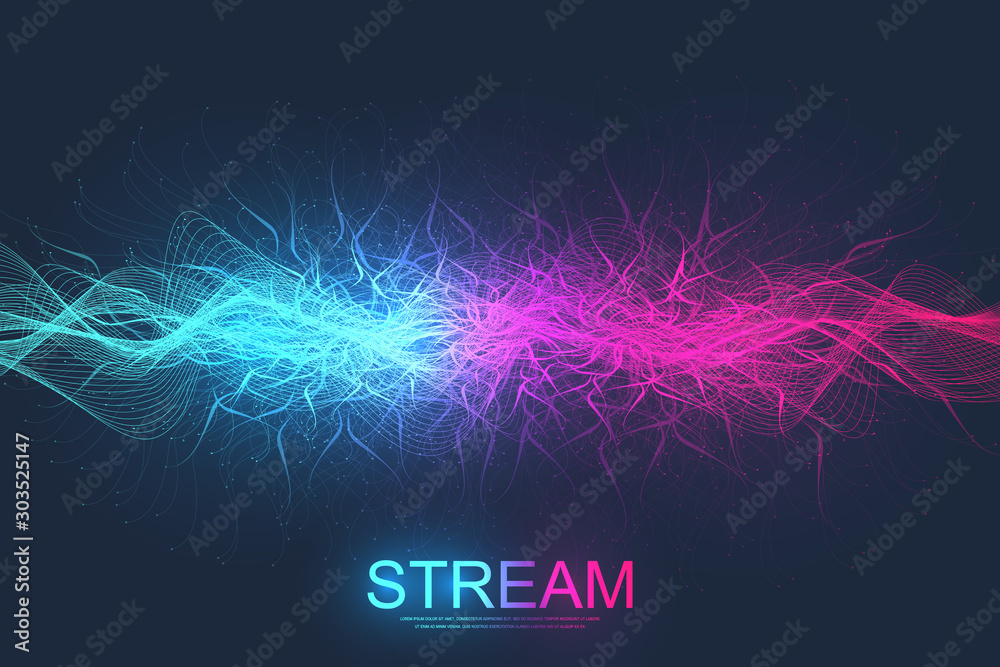 Poster Abstract dynamic motion lines and dots background with colorful particles. Digital streaming background, wave flow. Plexus stream background. Big Data technology, vector illustration