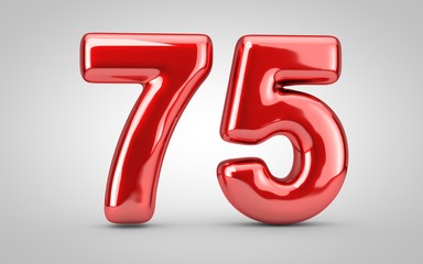 Red glossy balloon number 75 isolated on white background.