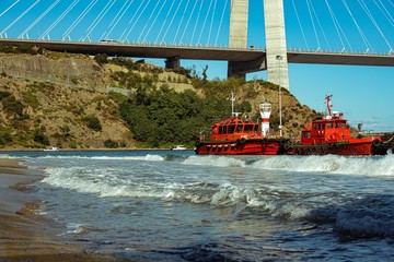 Red ships moored at the sea.