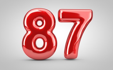 Red glossy balloon number 87 isolated on white background.