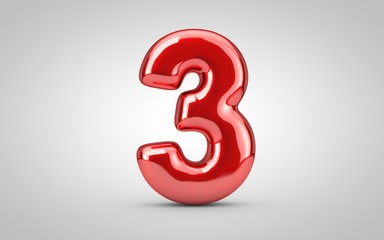 Red glossy balloon number 3 isolated on white background.