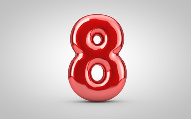 Red glossy balloon number 8 isolated on white background. - obrazy, fototapety, plakaty