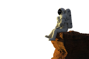 astronaut on planet Mars sitting on a cliff, isolated on white background