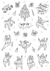Vector Christmas stickerpack or advent calendar concept, ready to print with cut lines. A4 or A5 size. Dancing Santa Claus.  Fir-tree, presents, lettering, tree toys. Cute hand drawn doodle style.