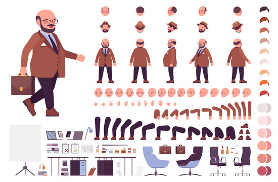 Chubby heavy kind businessman with a round belly construction set. Overweight, plus size formal wear, fat body shape creation elements to build own design. Cartoon flat style infographic illustration