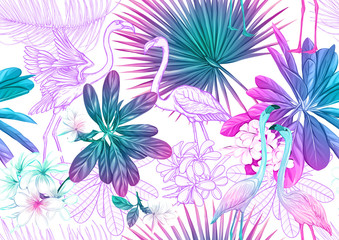 Fototapeta na wymiar Tropical plants and flowers and birds. Seamless pattern, background. Colored and outline design. Vector illustration in neon, fluorescent colors. Isolated on white background..