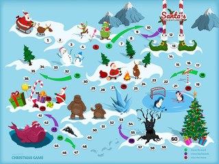 Christmas map with maze. Adventure board game for children. Boardgame in cartoon style. Santa, deer, bigfoot and elf in isometric view. Path through labyrinth. Puzzle journey