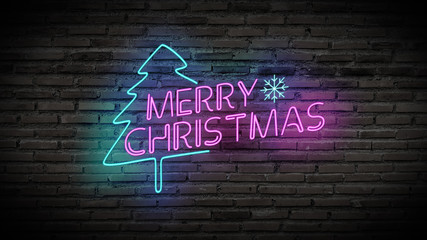 Merry Christmas shiny neon lamps sign glow on black brick wall. colorful sign board with text Merry Christmas and Christmas tree for party decoration