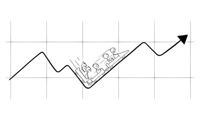 Vector cartoon stick figure drawing conceptual illustration of businessmen riding on the financial graph or chart on roller-coaster or big dipper. Market instability and changes concept.