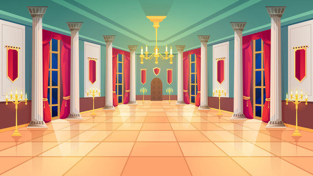 Ballroom hall, Medieval palace room, royal castle interior, vector background. King ballroom with luxury interior, marble columns and curtains, golden candelabra and candle lamps, fairy tale design