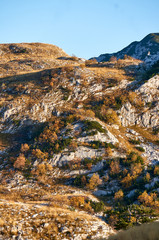 Montenegro, Durmitor landscape. Layers of mountains. Montenegro national park Durmitor. Sunrise landscape. Mala Crna Gora. Balkans. Copyscape, place for text.
