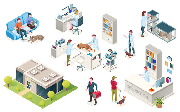 Veterinarian clinic, vector isometric icons of animal pets and doctors. People waiting doctor with dog in carriage at veterinary clinic reception, medical checkup table and surgery examination room