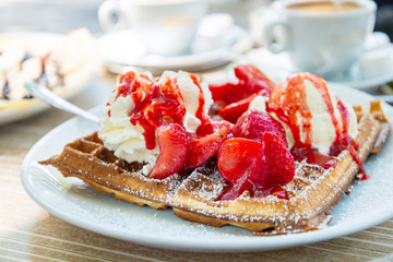 Strawberry fruits with vanilla ice cream