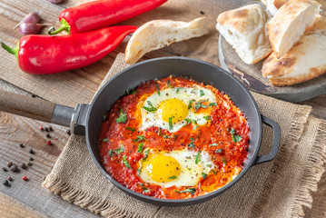 Shakshouka served in a frying pan