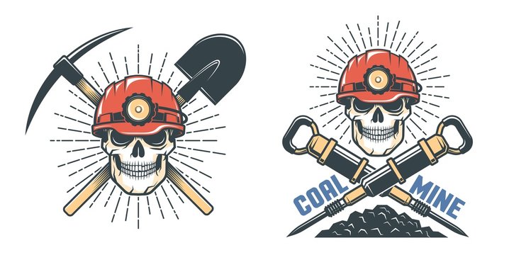 Skull miner in hardhat with pickaxe and shovel - retro logo. Skeleton in miner's helmet with jackhammer - vintage emblem. Vector illustration.