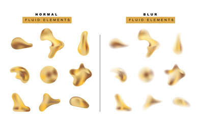 Vector set of realistic golden metallic liquid drop. Fluid effect blurry shapes. Gradient sphere and bubbles. Isolated objects on a transparent for banners, posters, cards, flyers.