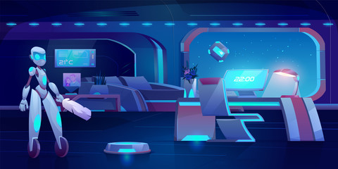 Robot assistant, automatic vacuum and window cleaner in futuristic bedroom with neon glowing furniture at night. Apartment interior with household technologties of future . Cartoon vector illustration