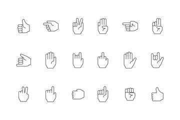 Gestures line icon. Human hands pointing and holding symbols of peace victory devil person palm and fingers vector. Illustration gesture communication, collection gesturing